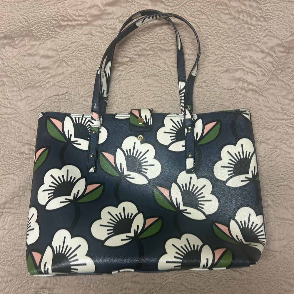Orla Kiely Navy Tote White Floral Green Pink Carry-All